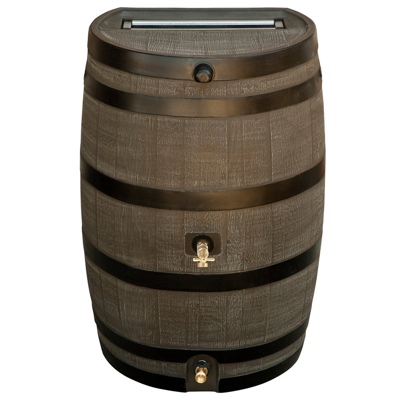 Polyethylene 50 Gallon Flat Back Dual Brass Spigot Rain Barrel Woodgrain with Black Stripes